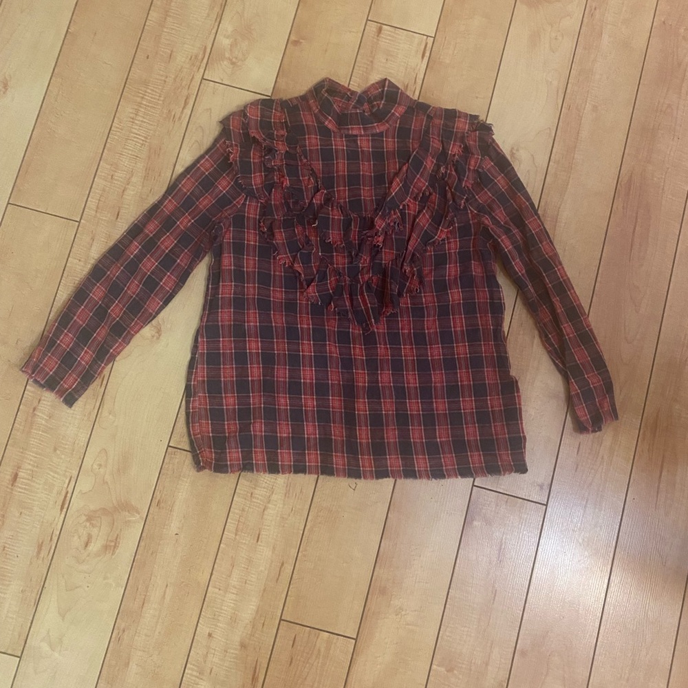 ZARA PLAID RUFFLE TOP RED/GRAY - Picture 5 of 8